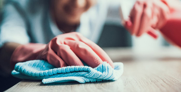 Junge lächelnde Frau in Handschuhen beim Hausputz