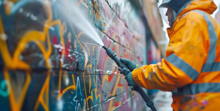 Nahaufnahme eines Arbeiters in einer Warnweste, der mit einem Hochdruckreiniger Graffiti von einer Hauswand entfernt, intensive Action und Details